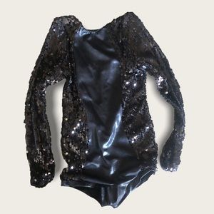 Girls Black Dance Leotard/bodysuit with Long Sleeve with Sequin.